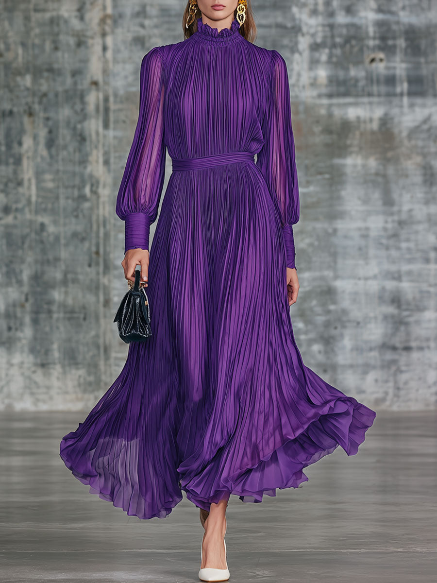 Vintage-style Purple Chiffon Pleated Long-sleeved Maxi Dress
