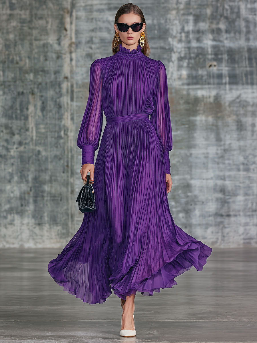 Vintage-style Purple Chiffon Pleated Long-sleeved Maxi Dress