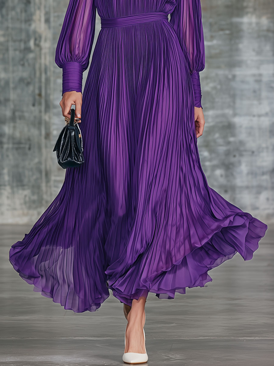 Vintage-style Purple Chiffon Pleated Long-sleeved Maxi Dress