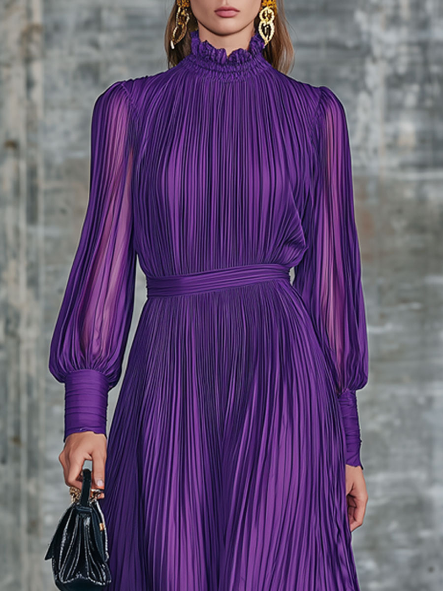 Vintage-style Purple Chiffon Pleated Long-sleeved Maxi Dress