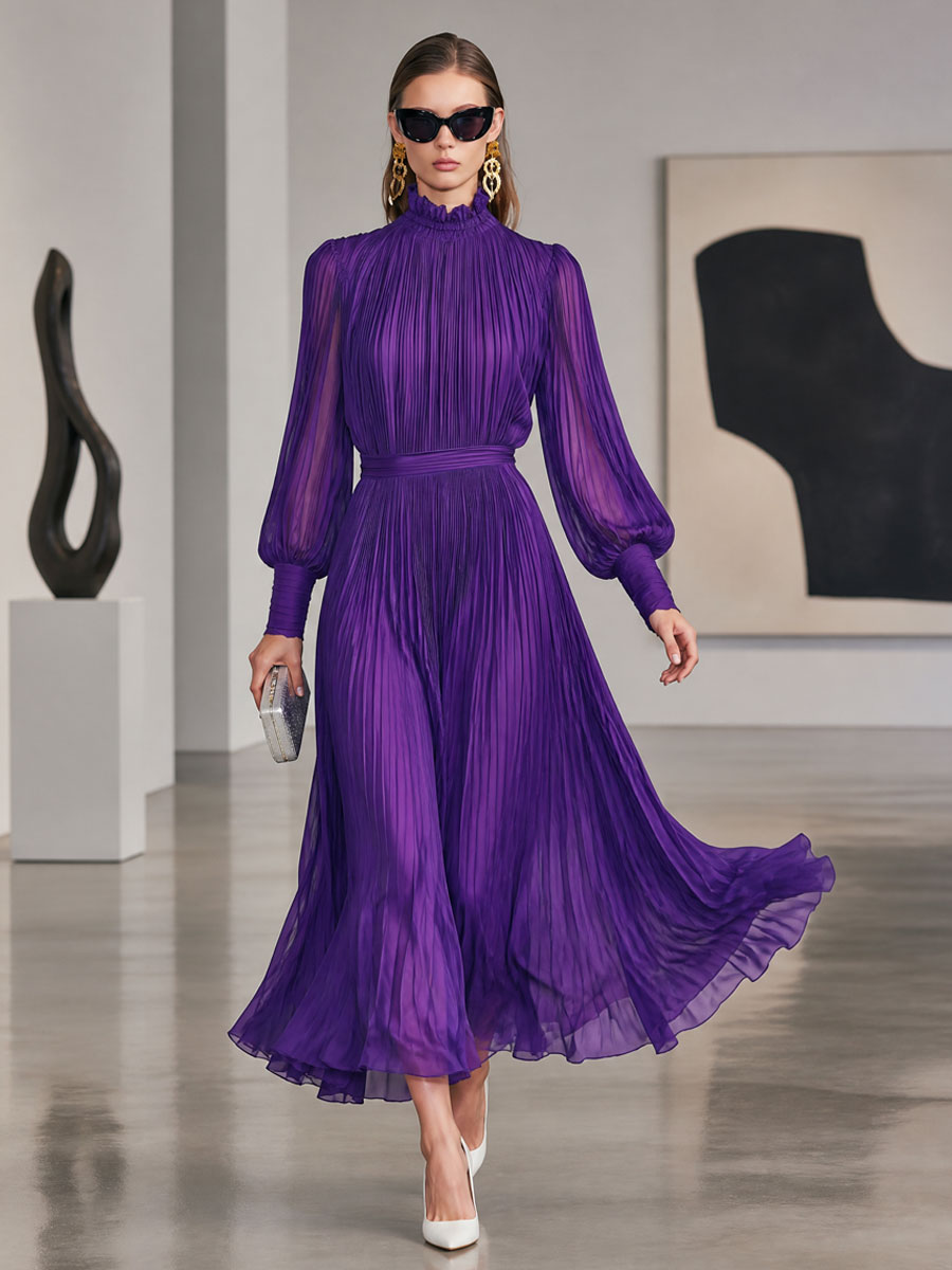 Vintage-style Purple Chiffon Pleated Long-sleeved Maxi Dress