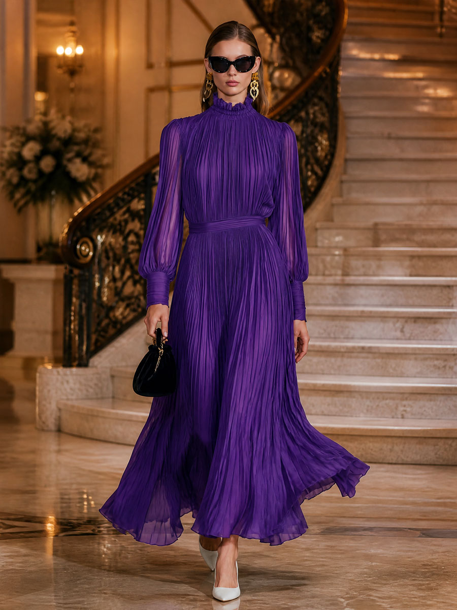 Vintage-style Purple Chiffon Pleated Long-sleeved Maxi Dress