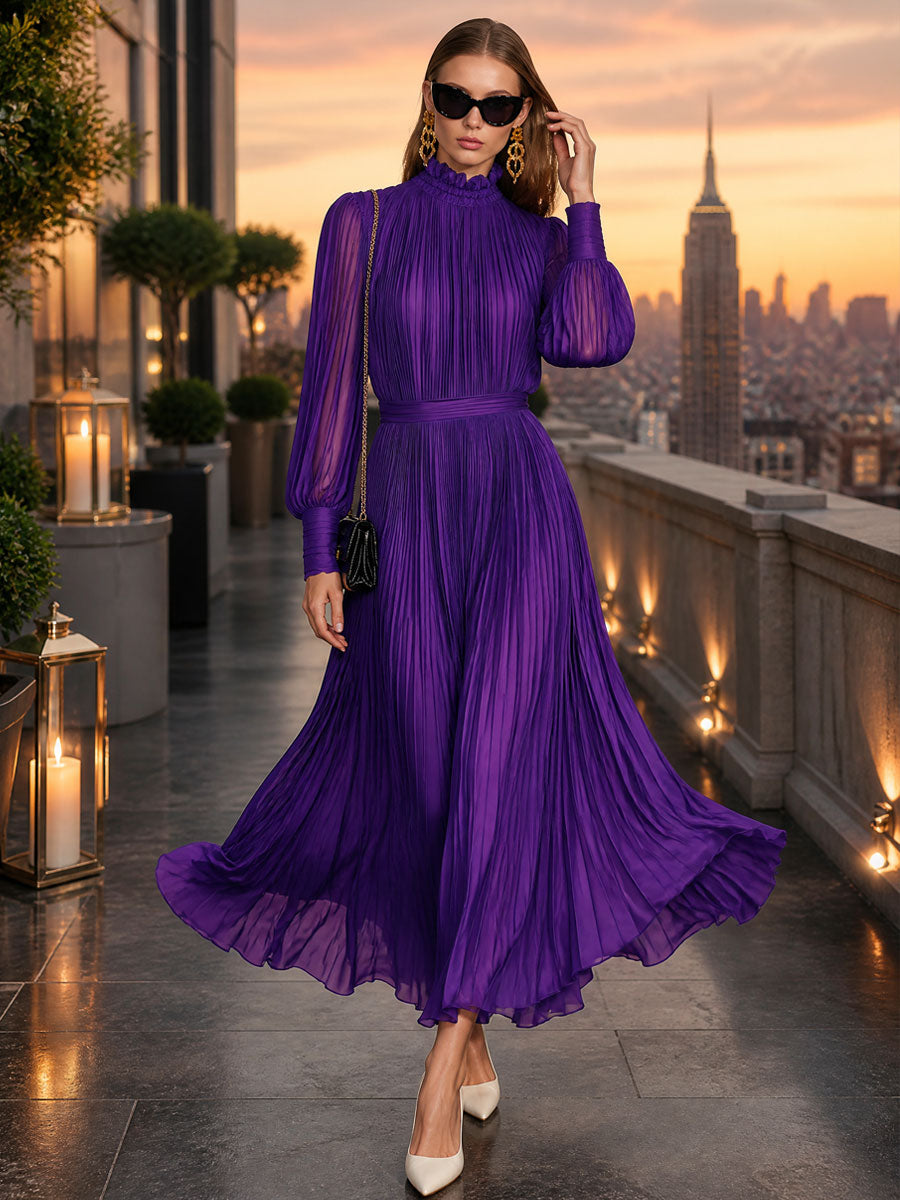 Vintage-style Purple Chiffon Pleated Long-sleeved Maxi Dress