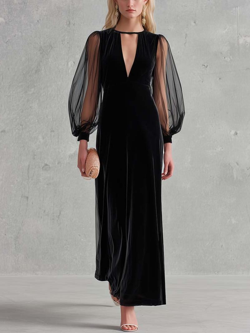 Elegant Black Velvet Mesh-Sleeve Keyhole Deep-V Long-Sleeve Maxi Dress