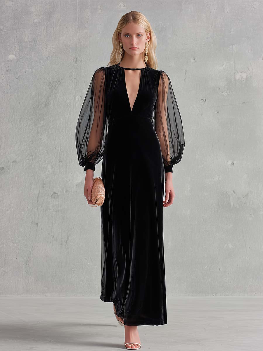 Elegant Black Velvet Mesh-Sleeve Keyhole Deep-V Long-Sleeve Maxi Dress