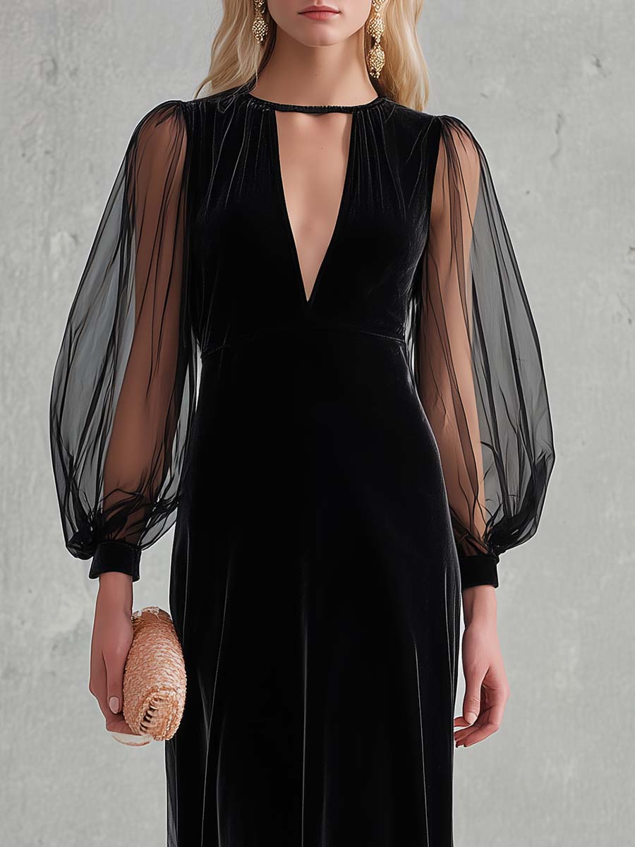 Elegant Black Velvet Mesh-Sleeve Keyhole Deep-V Long-Sleeve Maxi Dress