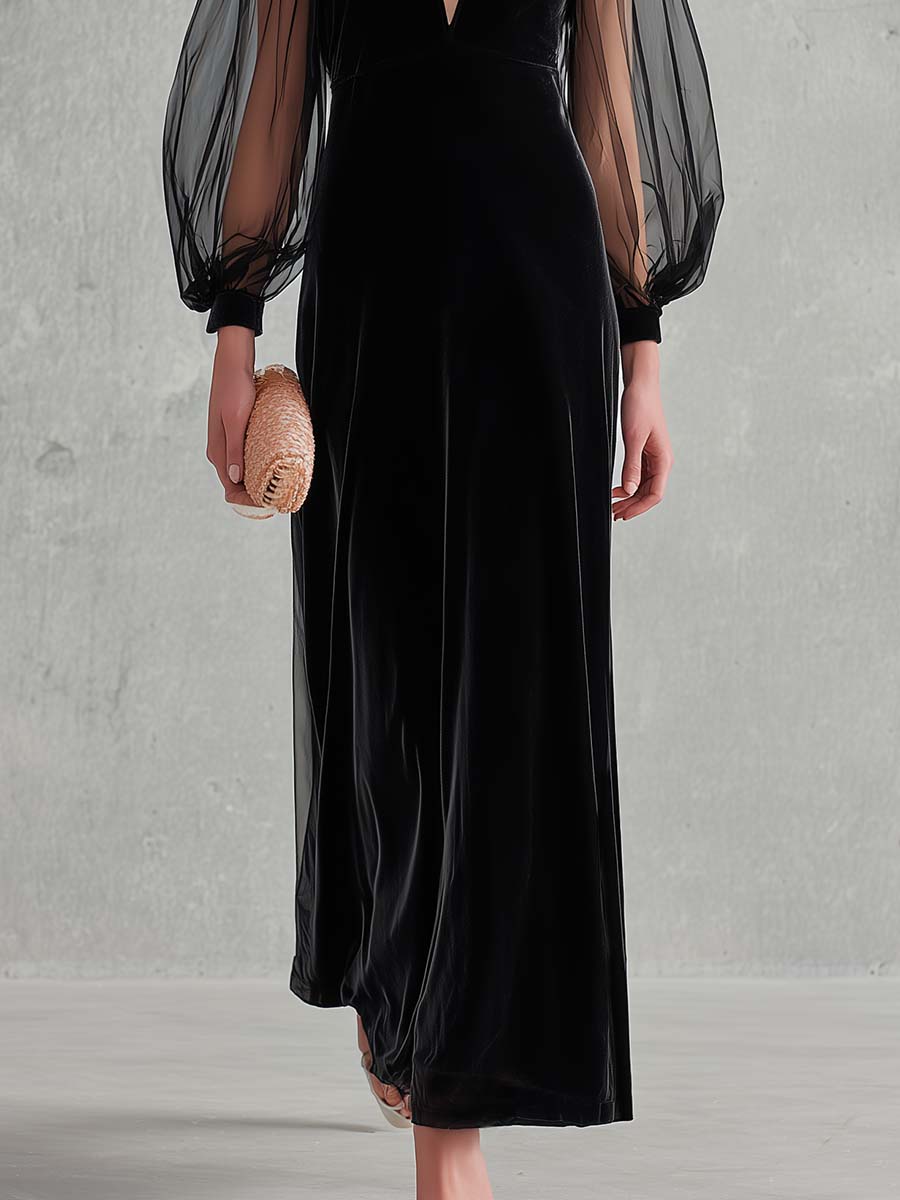 Elegant Black Velvet Mesh-Sleeve Keyhole Deep-V Long-Sleeve Maxi Dress