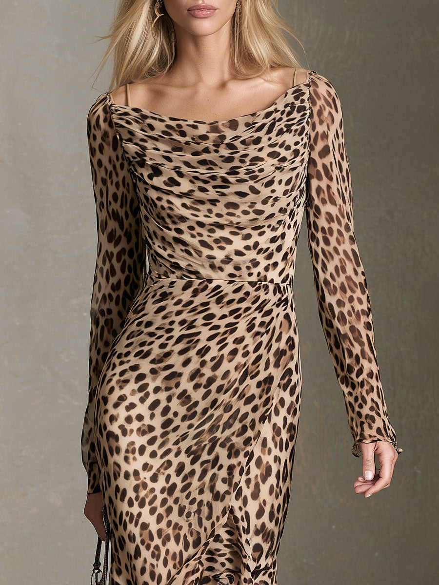Retro Elegant Leopard Print Long-sleeved Ruffled Slit Chiffon Maxi Dress
