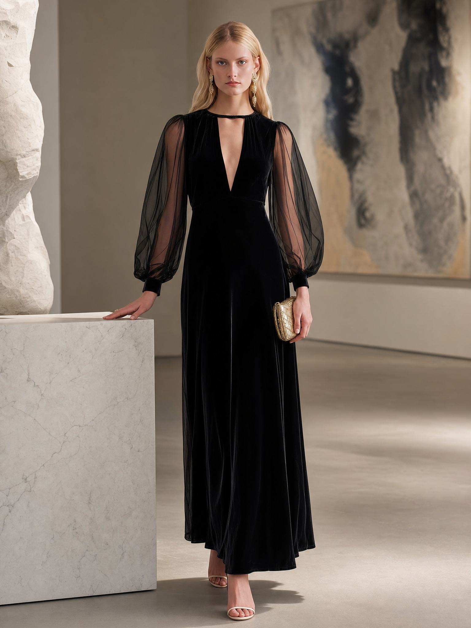 Elegant Black Velvet Mesh-Sleeve Keyhole Deep-V Long-Sleeve Maxi Dress
