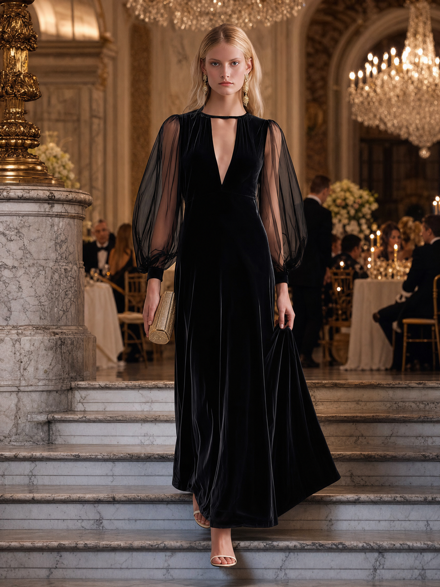 Elegant Black Velvet Mesh-Sleeve Keyhole Deep-V Long-Sleeve Maxi Dress