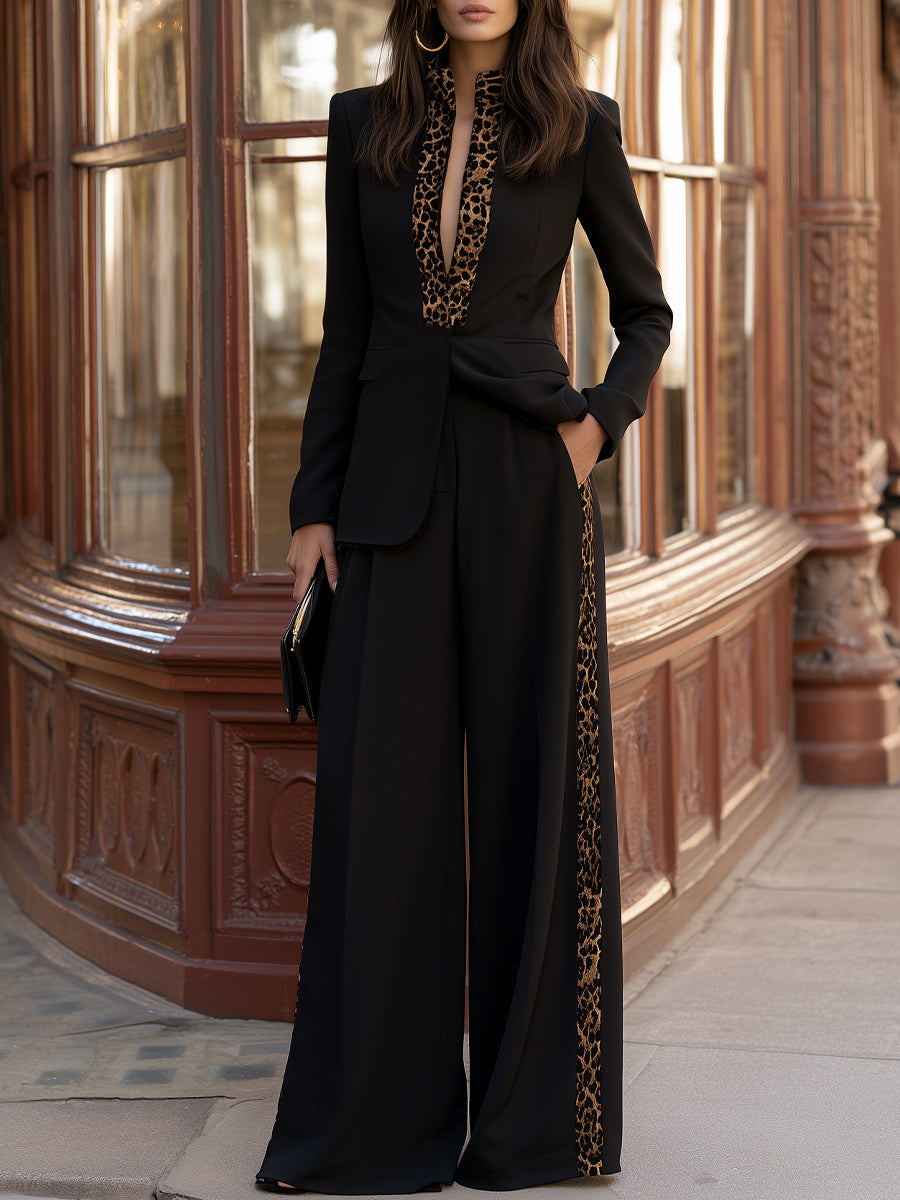 Leopard Trim Tailored Blazer And Wide Leg Pants Set