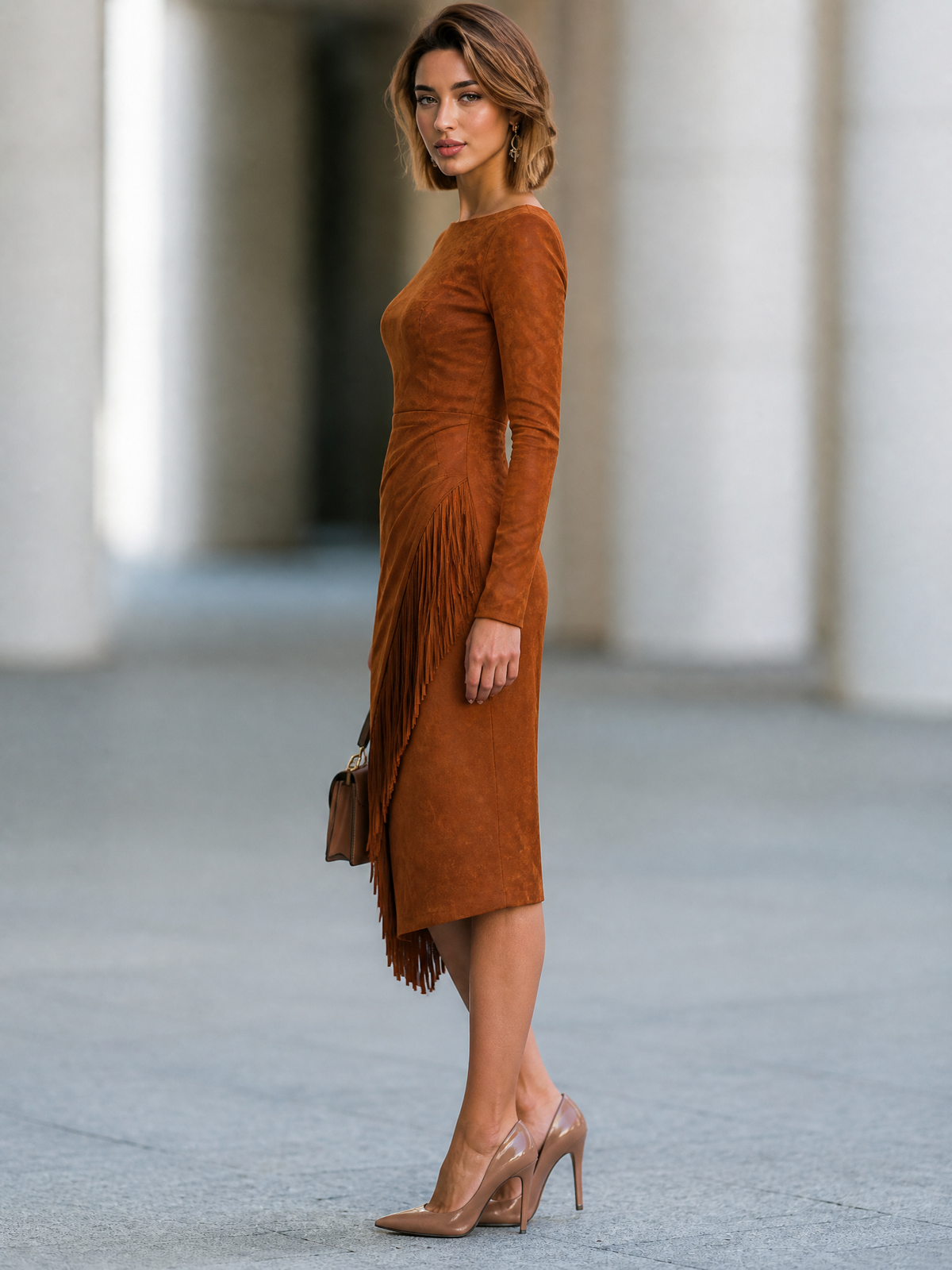 Asymmetric Fringe Faux Suede Midi Dress