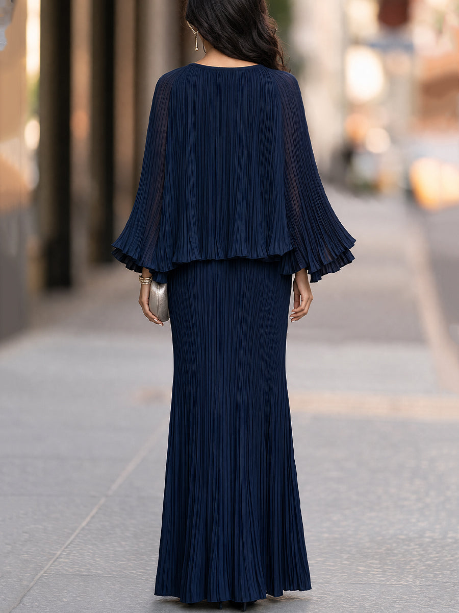 Pleated Cape-Sleeve Top & Elastic-Waist Maxi Skirt Two-Piece Set