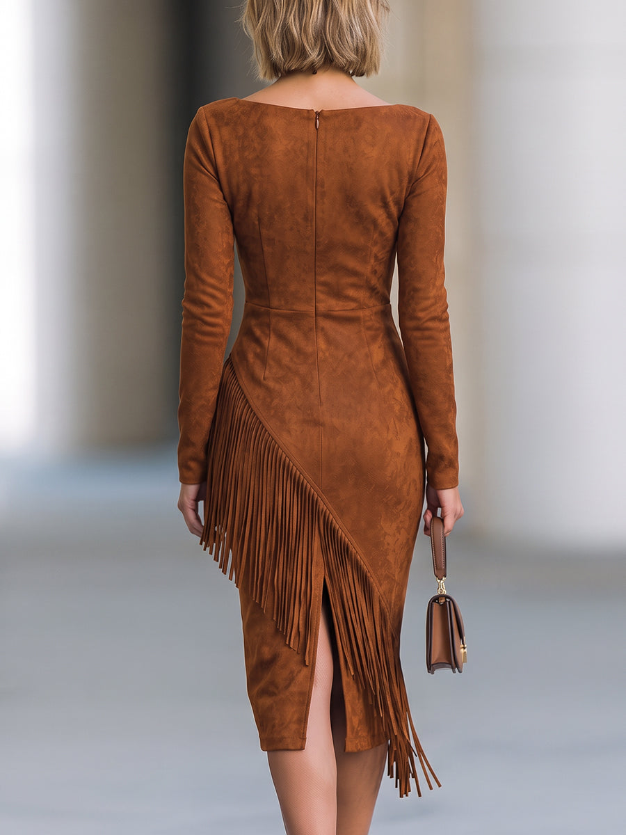 Asymmetric Fringe Faux Suede Midi Dress