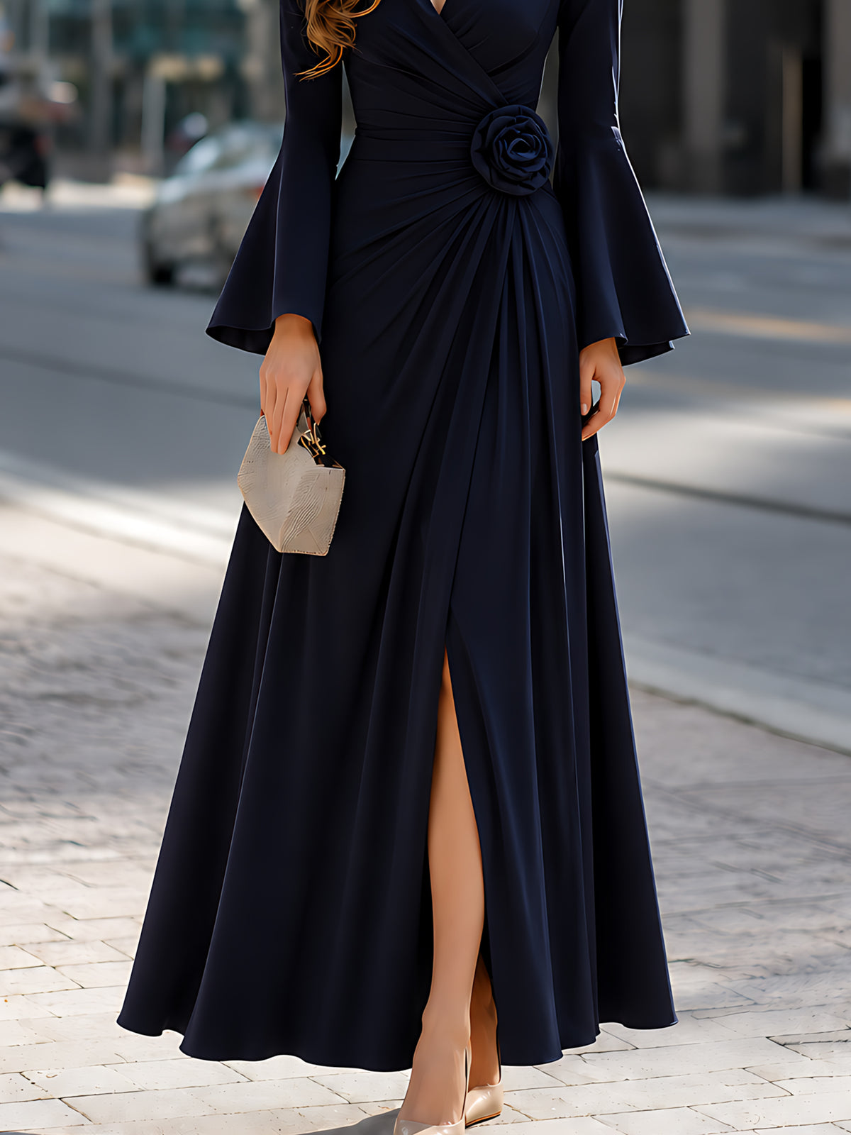 Floral Pleated Slit Bell-Sleeve Maxi Dress