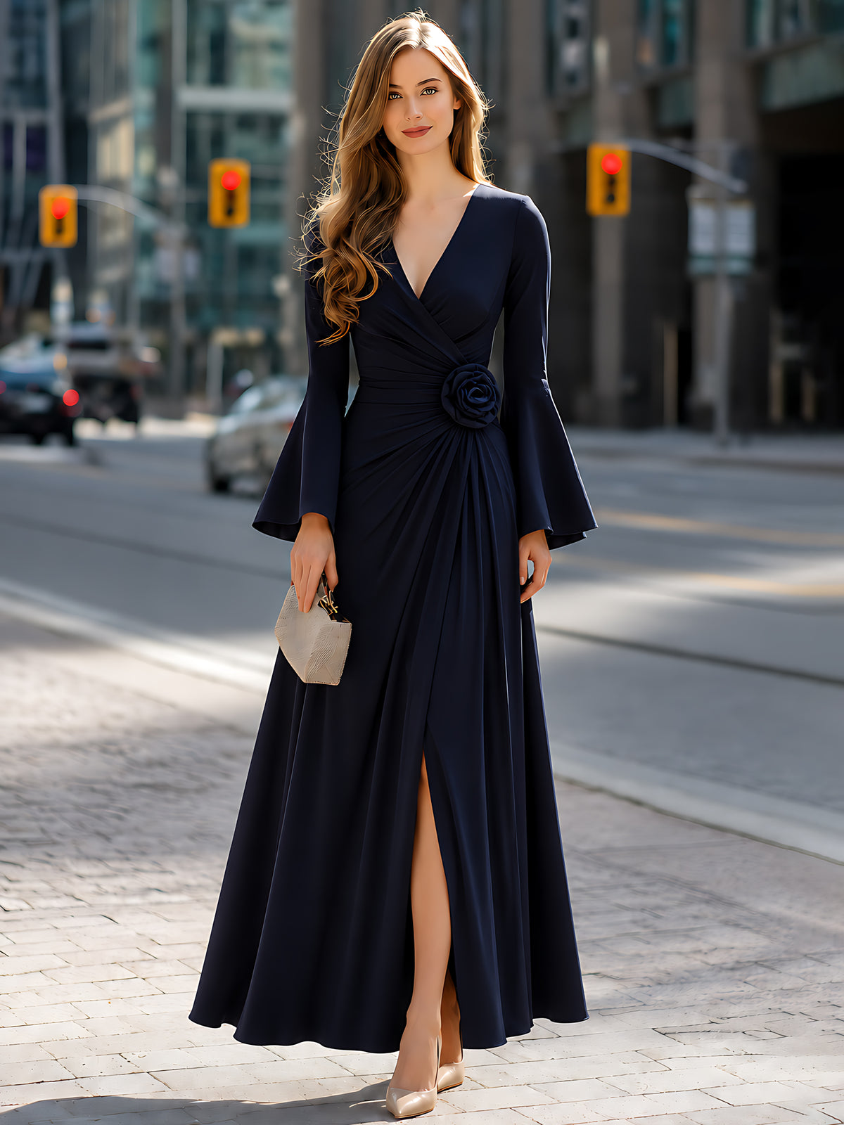 Floral Pleated Slit Bell-Sleeve Maxi Dress