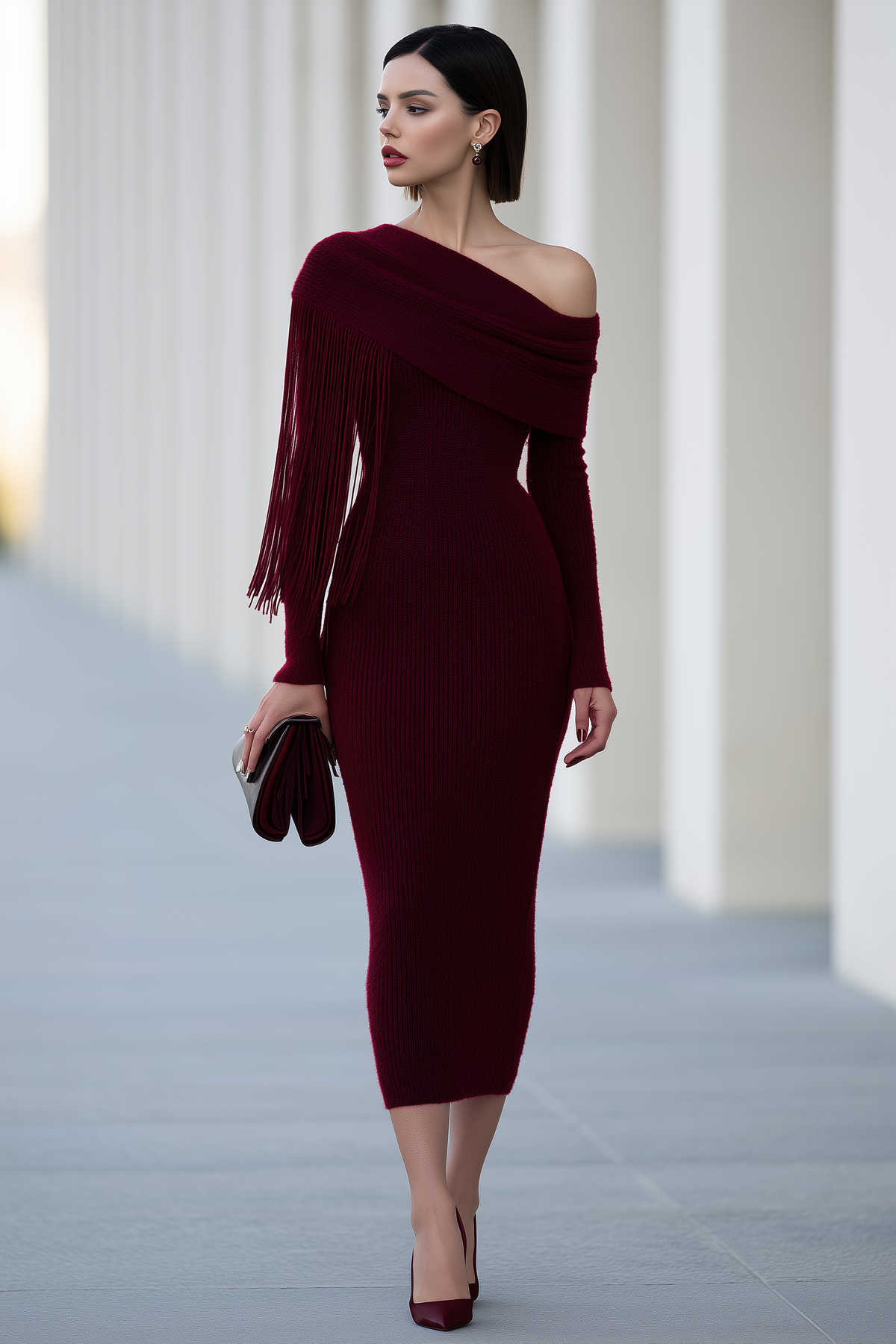 Fringe Cape Off-Shoulder Knit Midi Dress