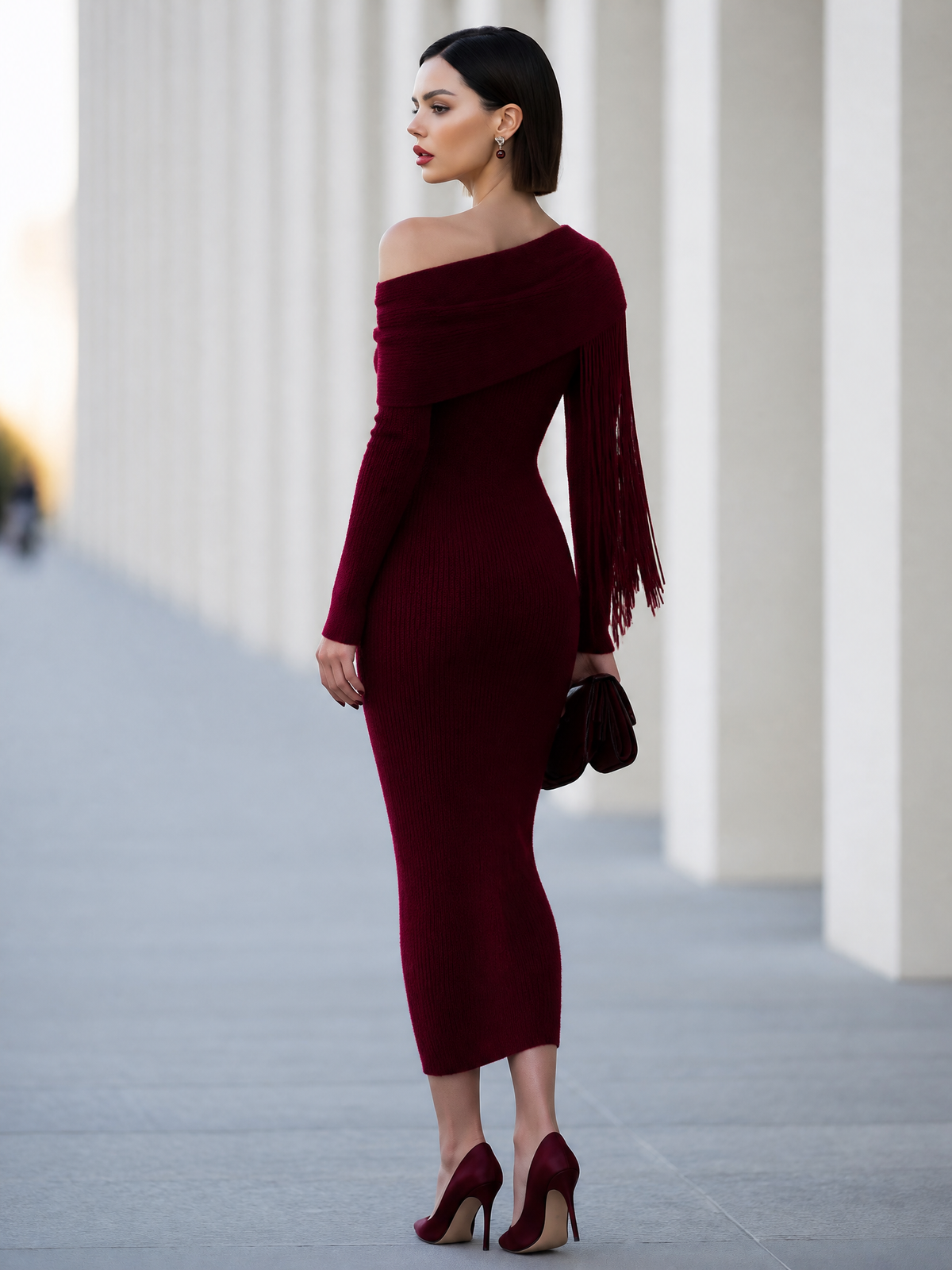 Fringe Cape Off-Shoulder Knit Midi Dress