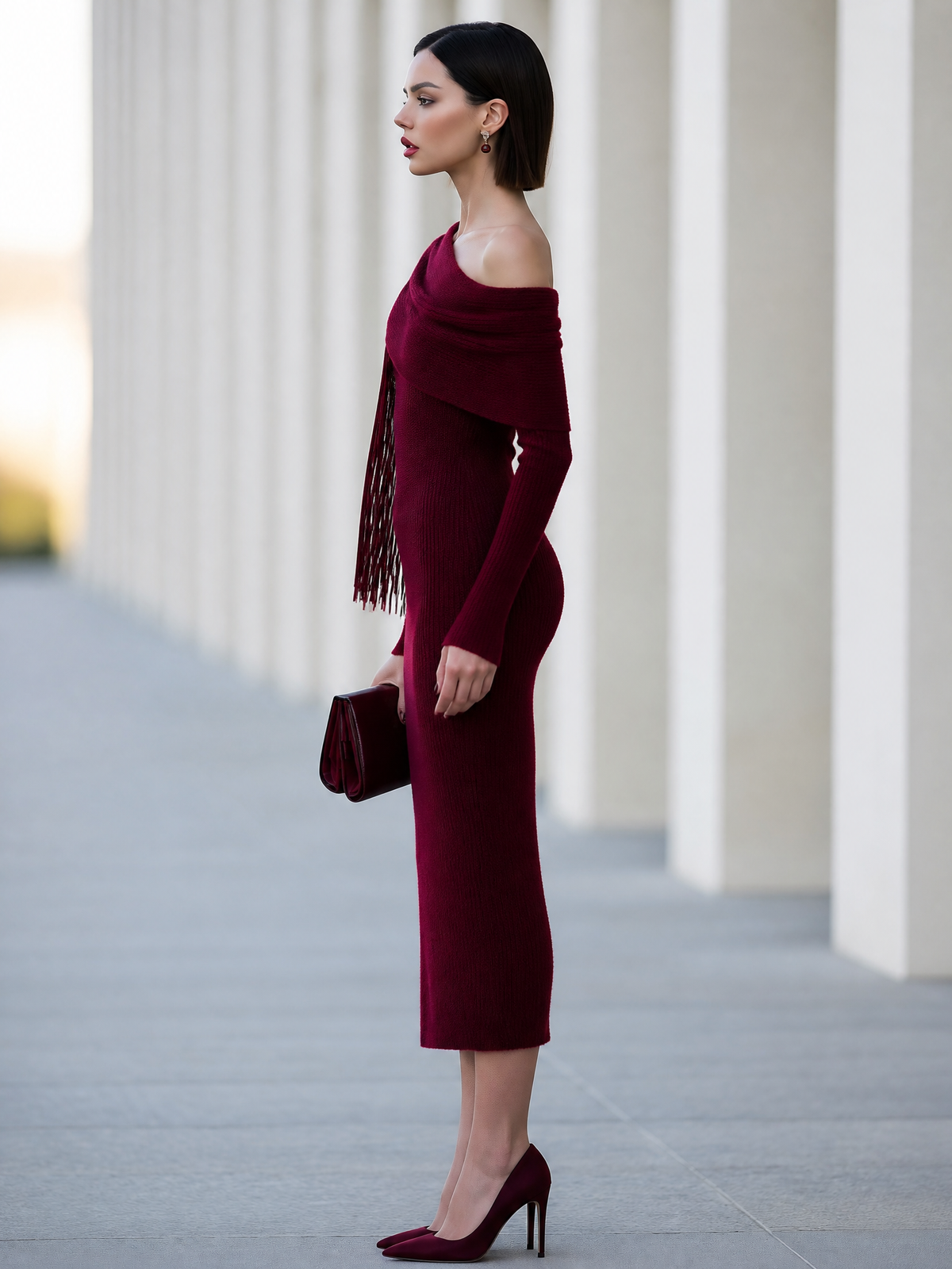 Fringe Cape Off-Shoulder Knit Midi Dress
