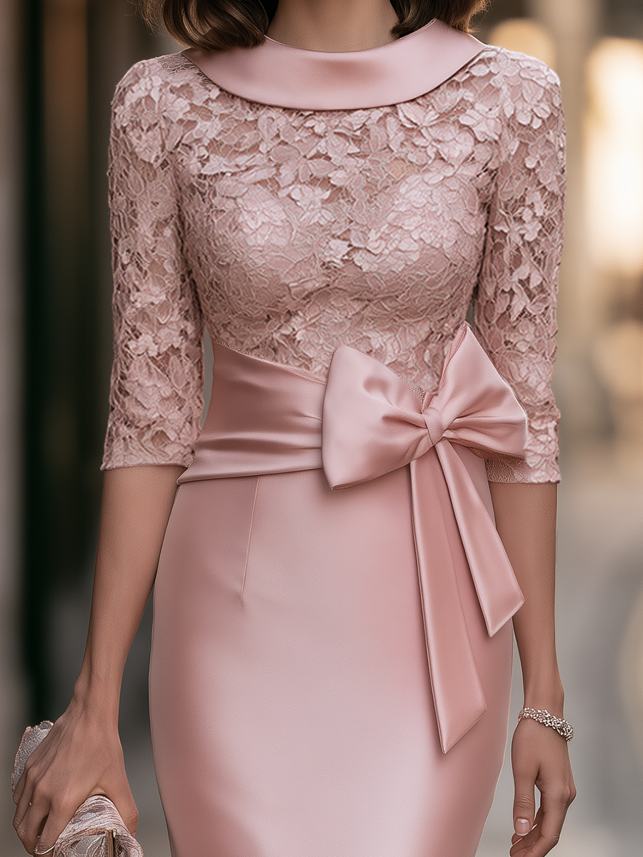 Lace-Bodice Bow-Waist Pencil Midi Dress