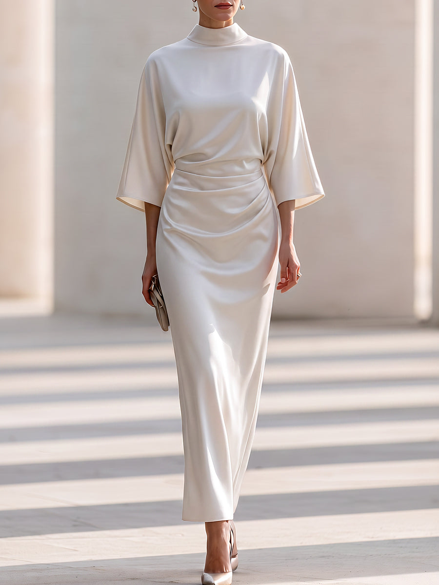 Draped Mock Neck Satin Maxi Dress