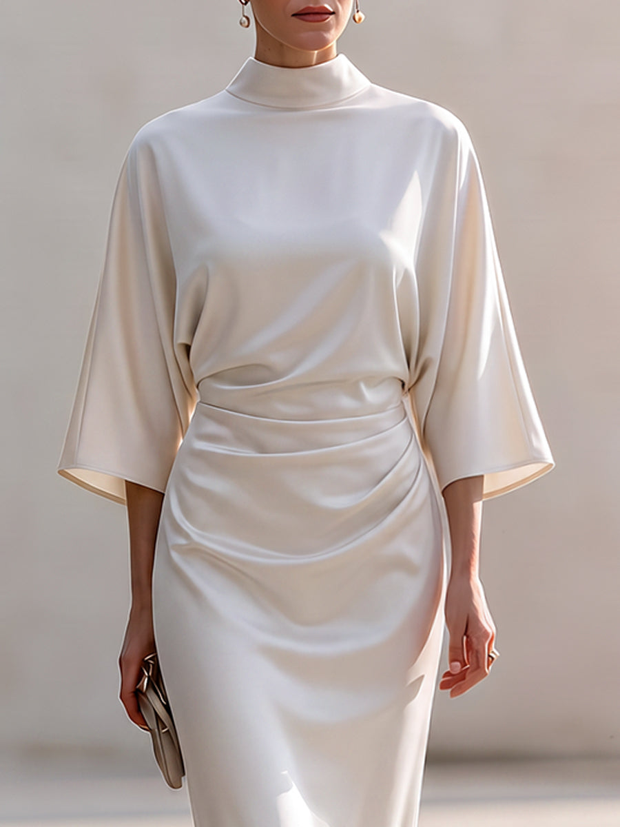 Draped Mock Neck Satin Maxi Dress