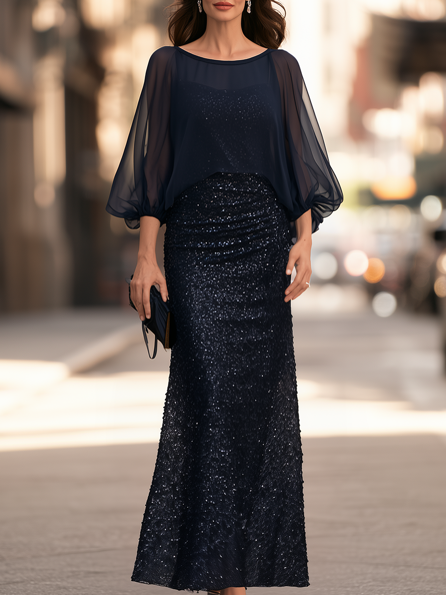 Sequin Mermaid Evening Gown with Sheer Chiffon Batwing Sleeve Overlay
