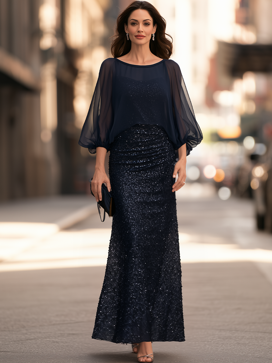 Sequin Mermaid Evening Gown with Sheer Chiffon Batwing Sleeve Overlay