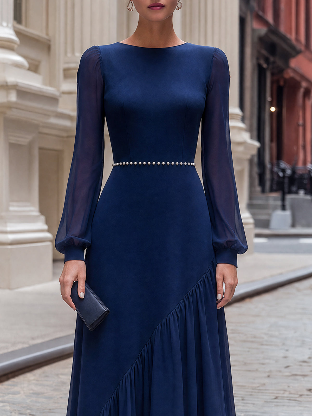 Pearl-Trimmed Asymmetric Chiffon Long Dress