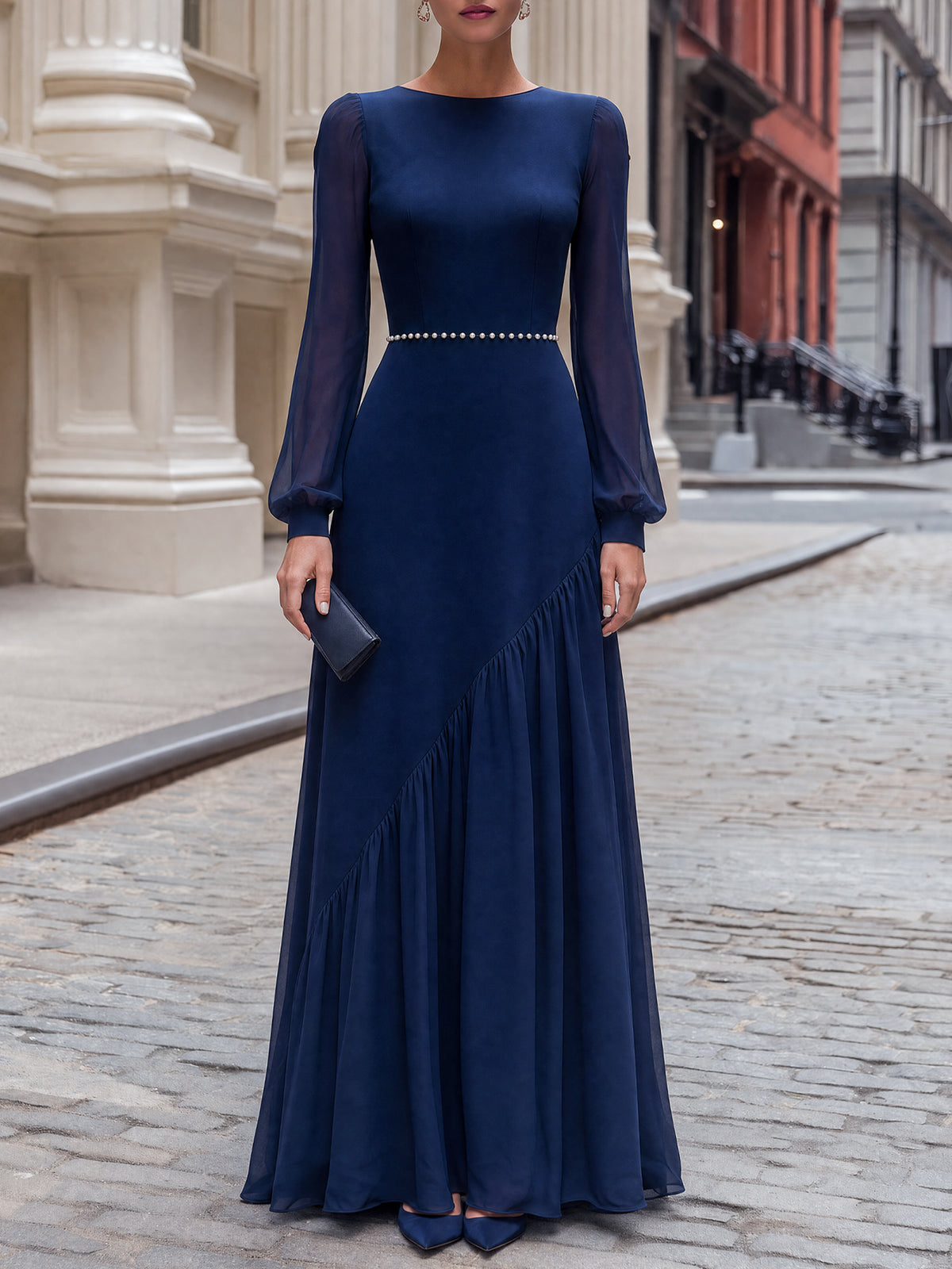 Pearl-Trimmed Asymmetric Chiffon Long Dress