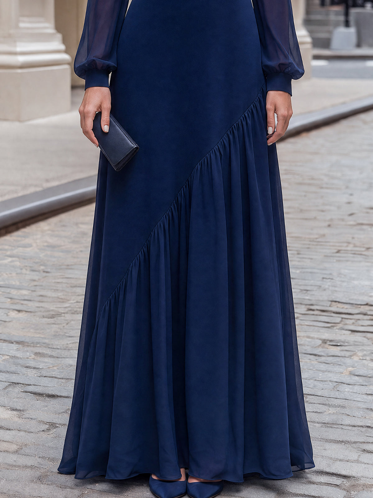 Pearl-Trimmed Asymmetric Chiffon Long Dress