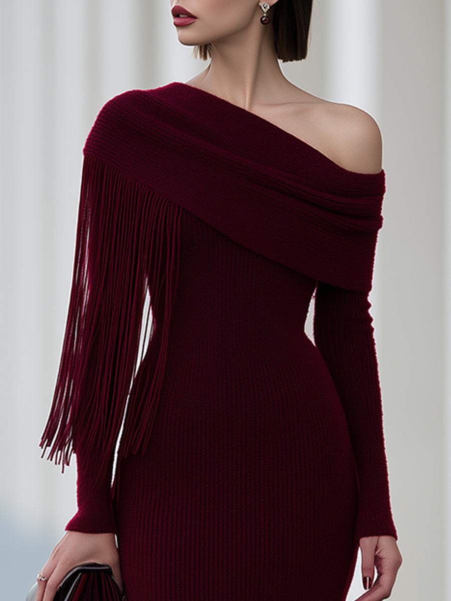 Fringe Cape Off-Shoulder Knit Midi Dress
