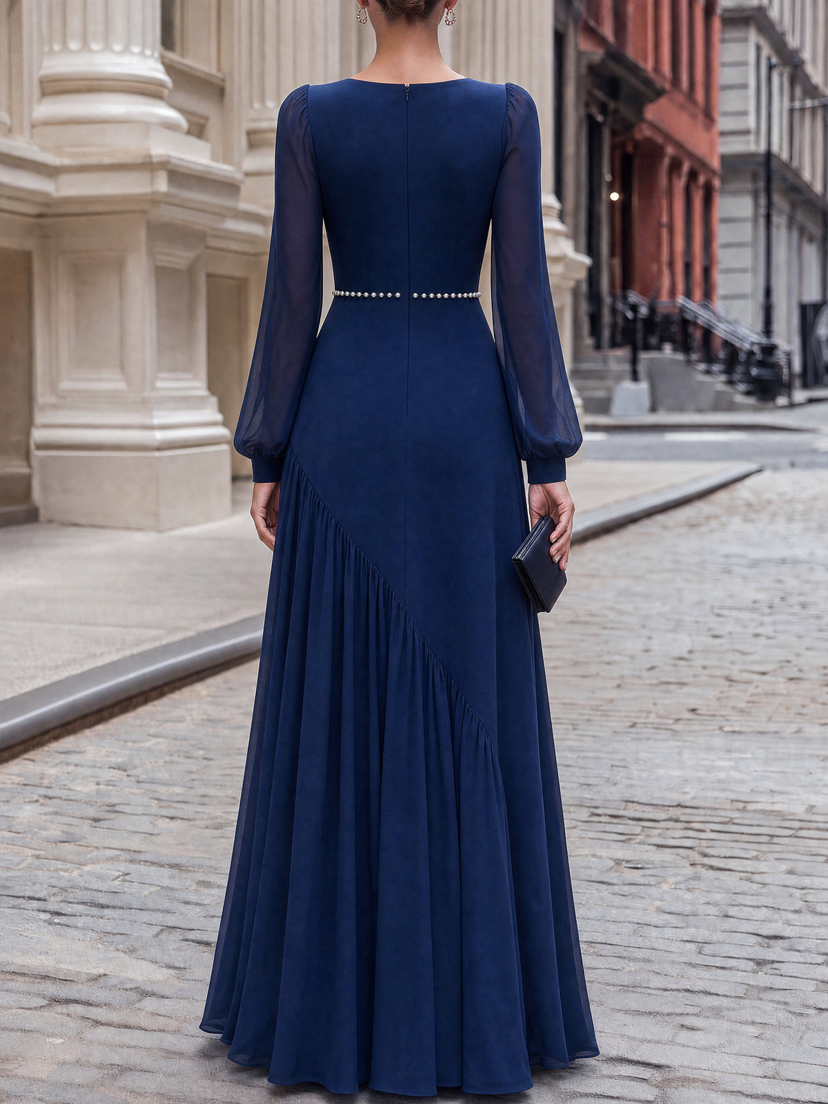 Pearl-Trimmed Asymmetric Chiffon Long Dress