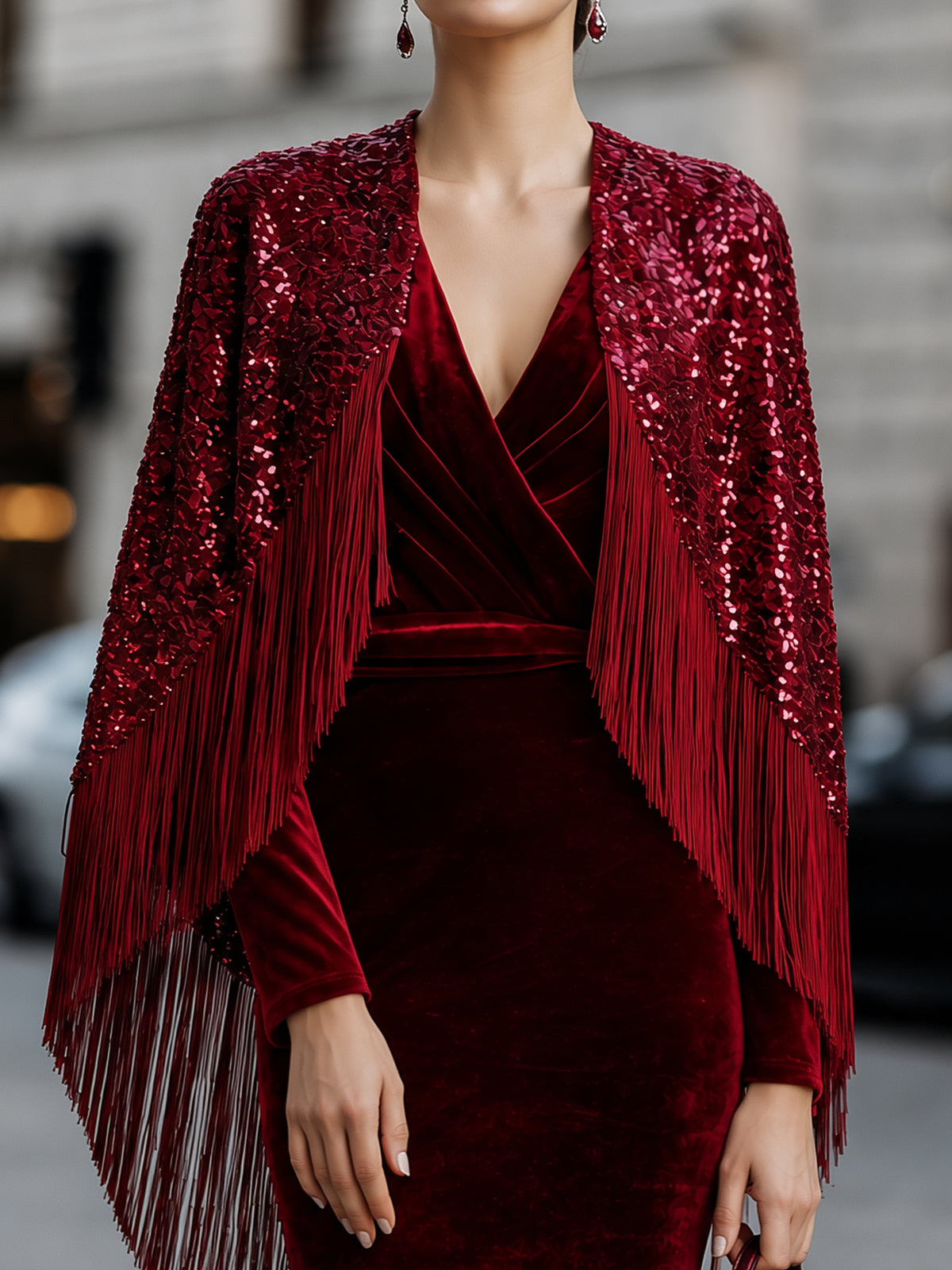 Elegant Wine Red Velvet Wrap Dress with Sequin Fringe Cape
