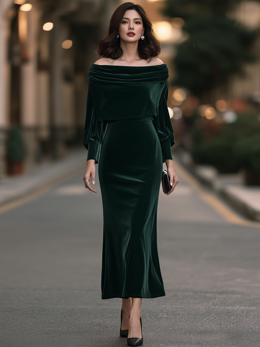 Off-Shoulder Foldover Neck Velvet Sheath Maxi Dress