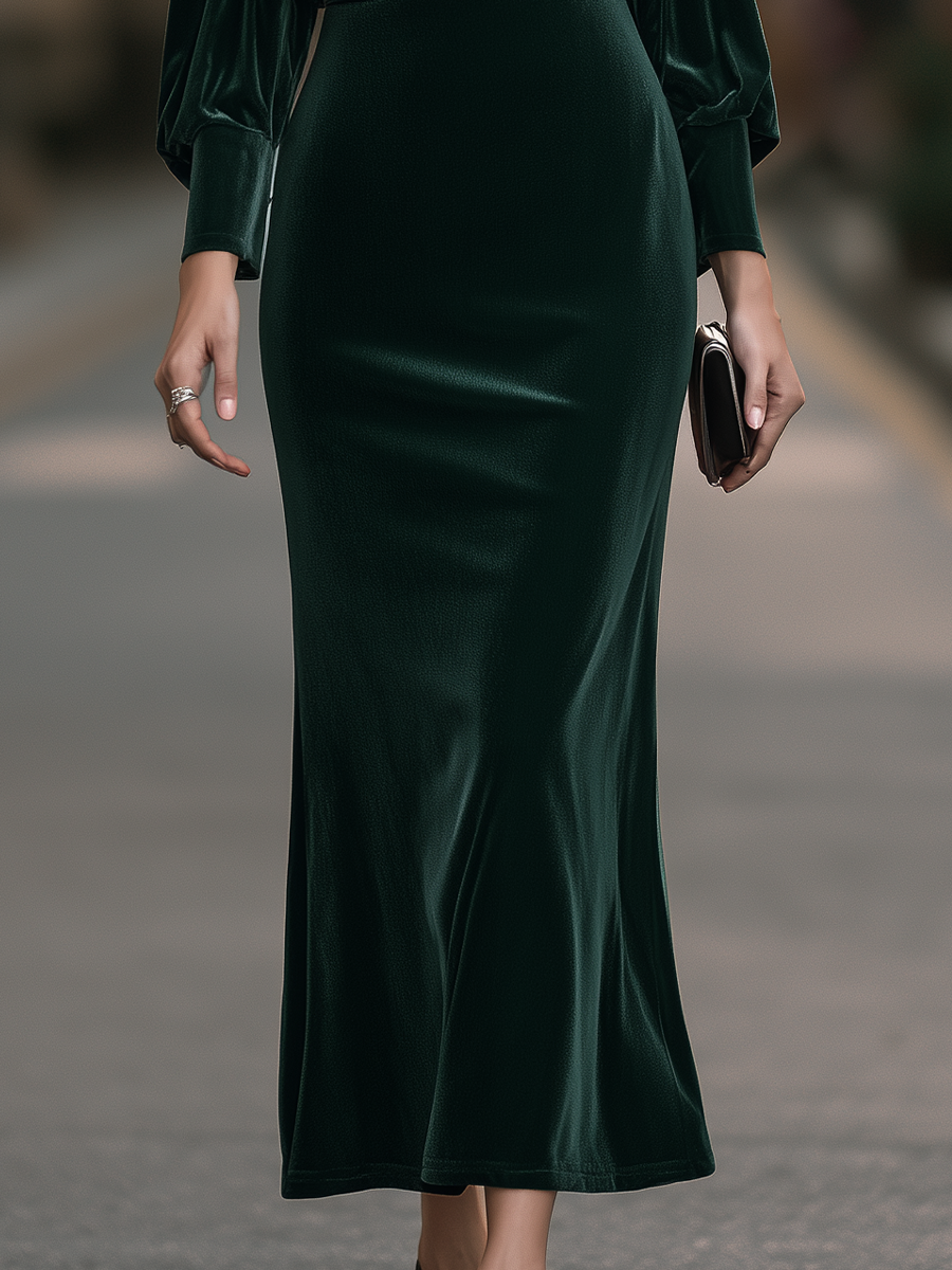 Off-Shoulder Foldover Neck Velvet Sheath Maxi Dress