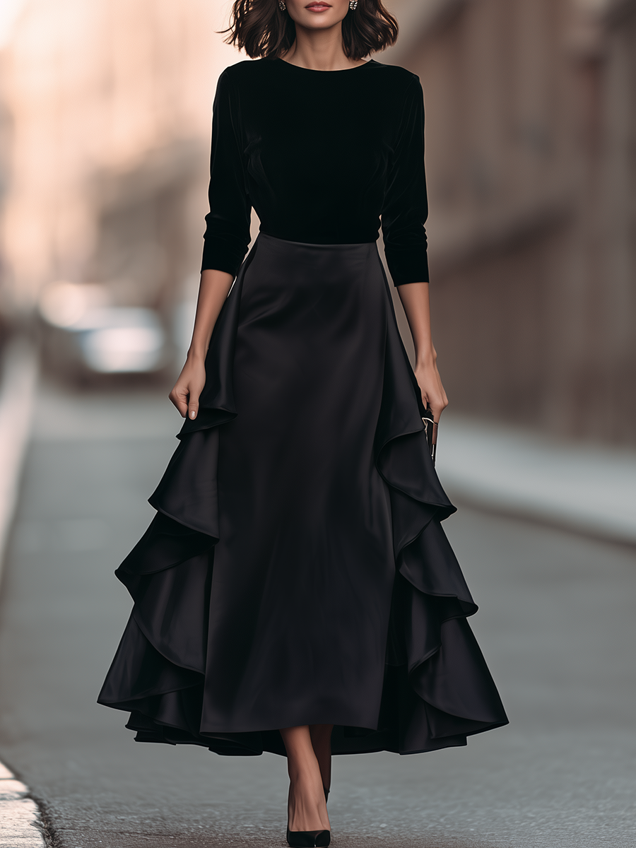Black Round-Neck Tiered Ruffle Maxi Dress