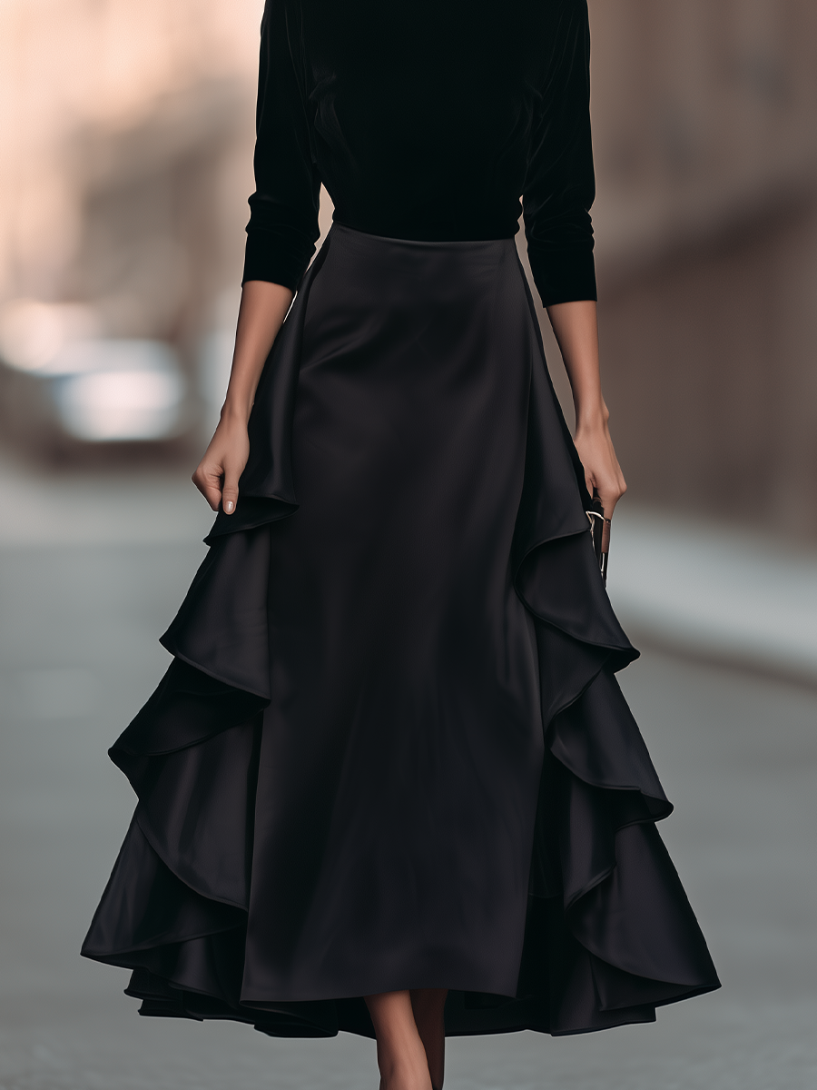 Black Round-Neck Tiered Ruffle Maxi Dress