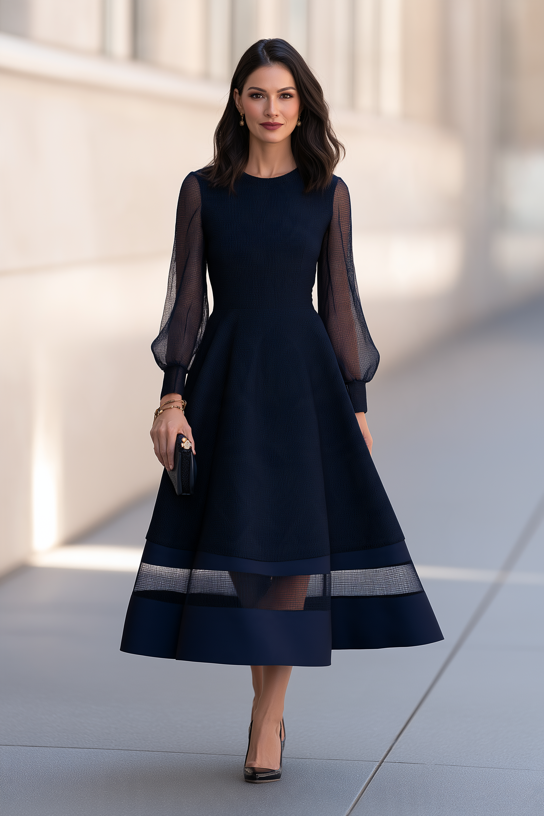 Elegant Mesh Sleeve A-Line Midi Dress with Sheer Panel Hem