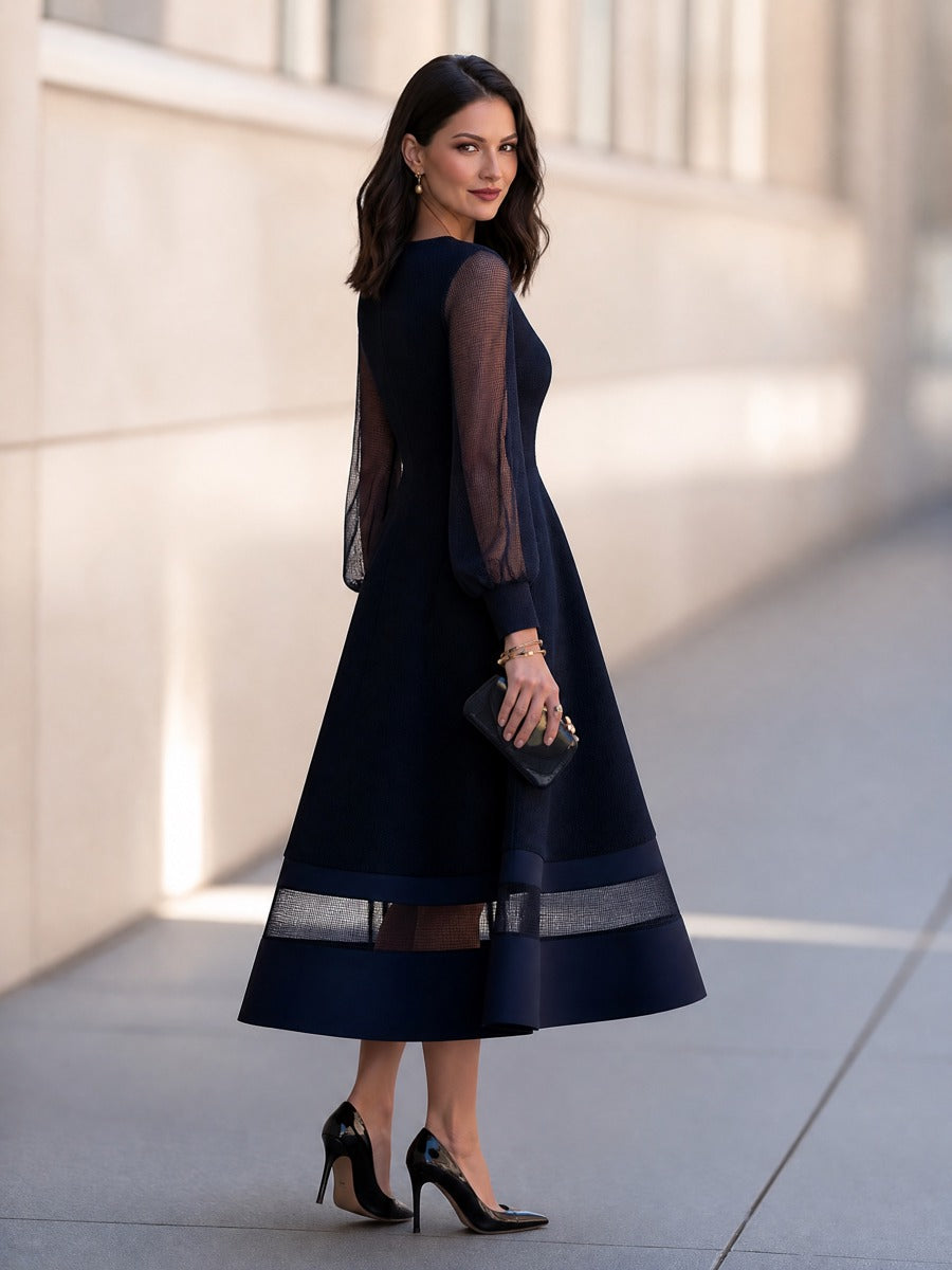 Elegant Mesh Sleeve A-Line Midi Dress with Sheer Panel Hem