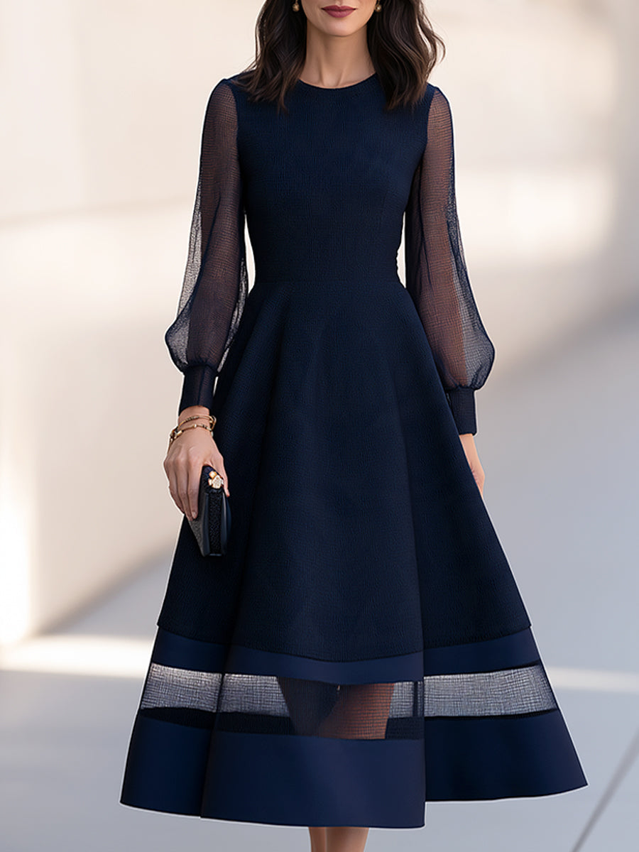 Elegant Mesh Sleeve A-Line Midi Dress with Sheer Panel Hem