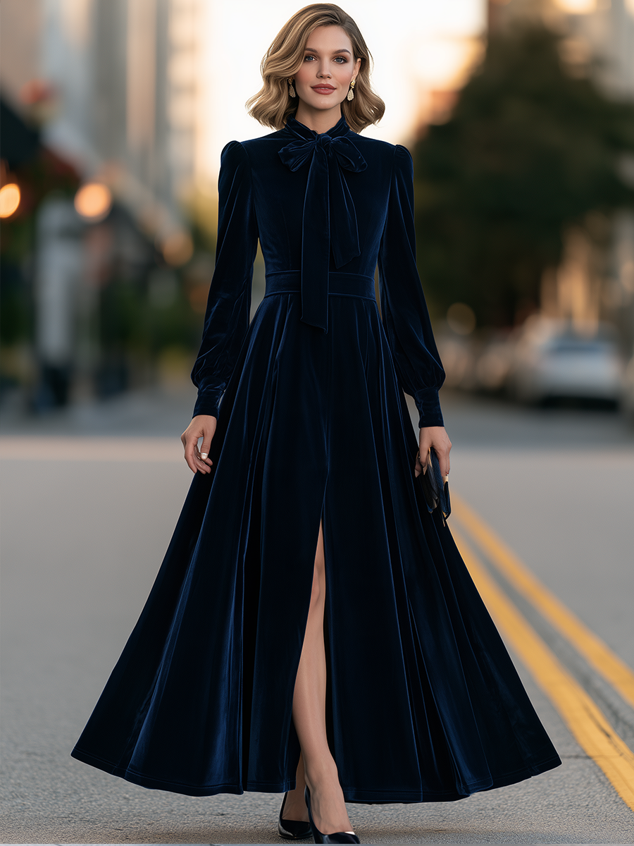 Tie-Neck Bishop Sleeve High-Slit Velvet Maxi Dress