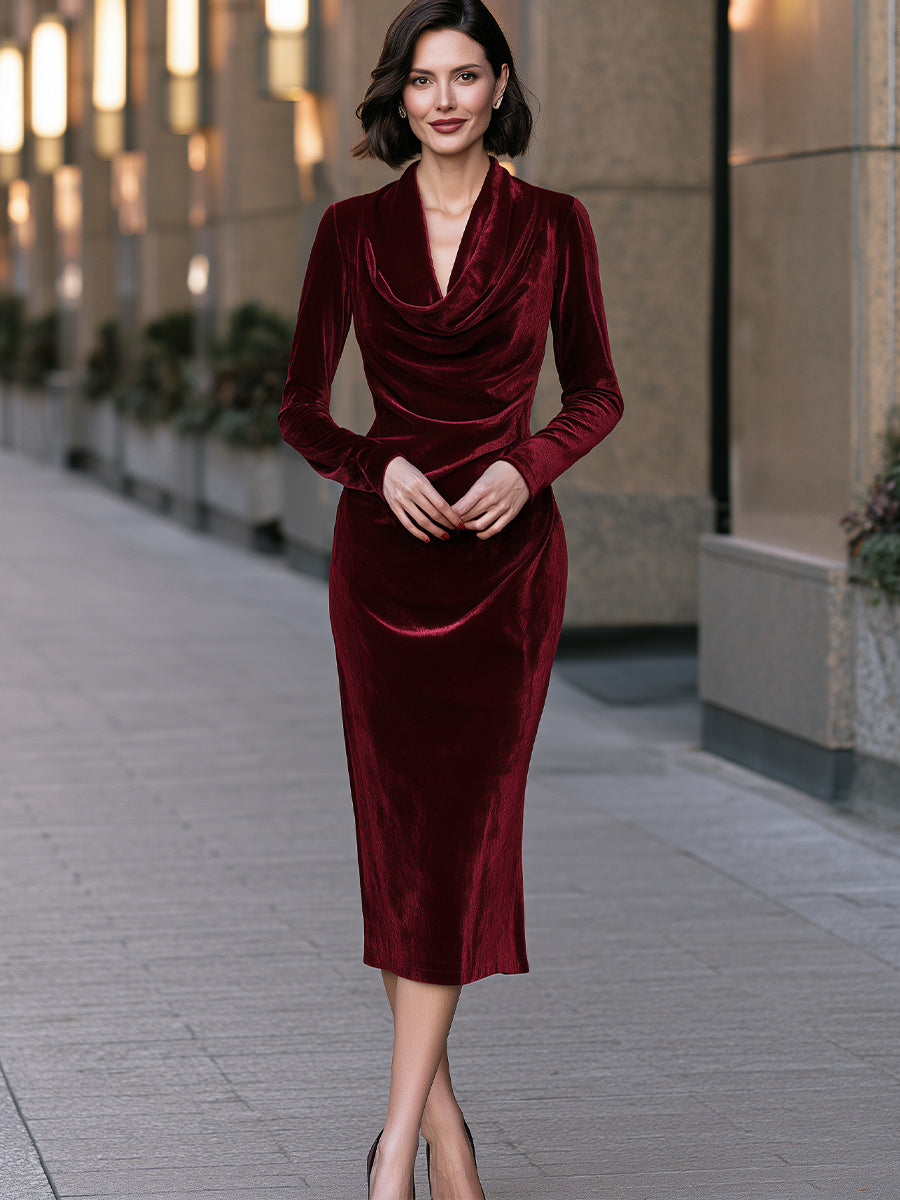 Draped Cowl Neck Velvet Long Sleeve Midi Dress