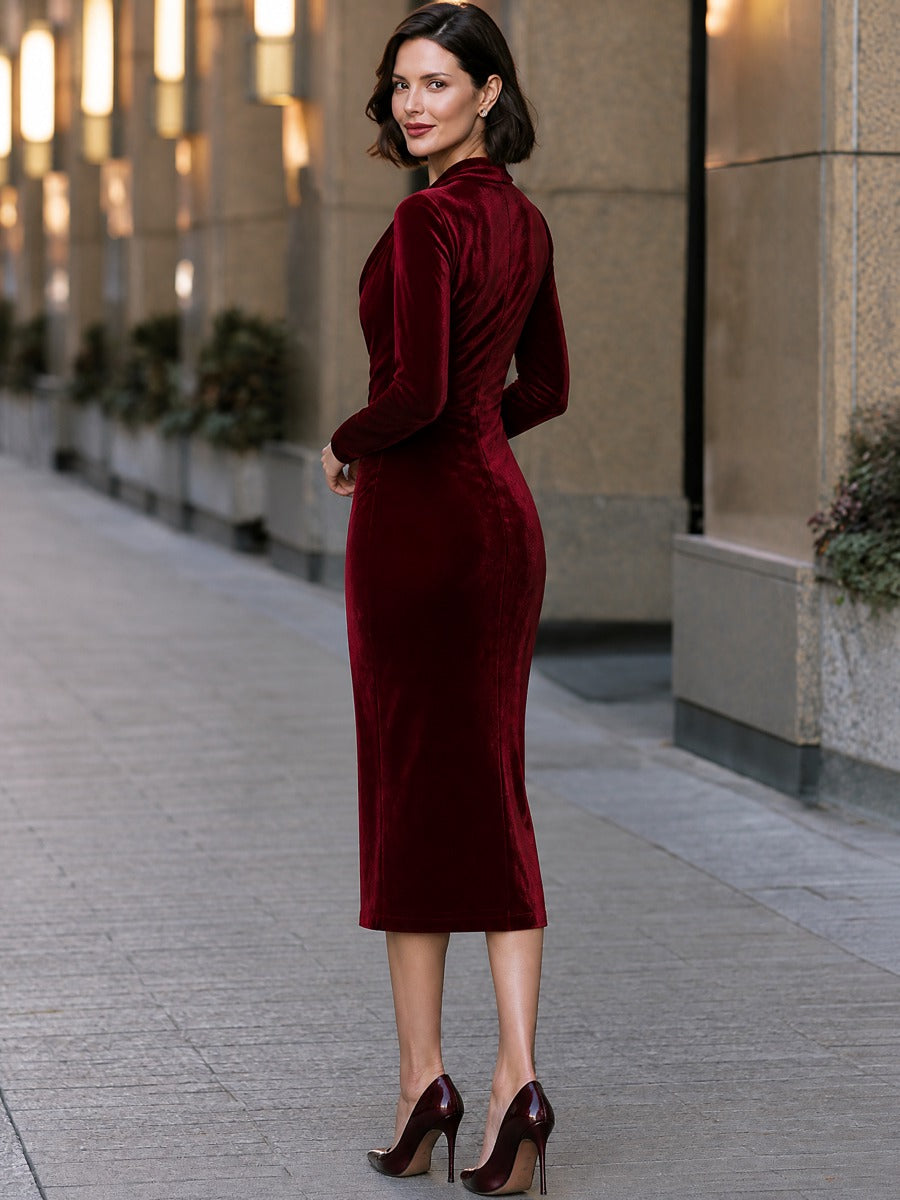 Draped Cowl Neck Velvet Long Sleeve Midi Dress