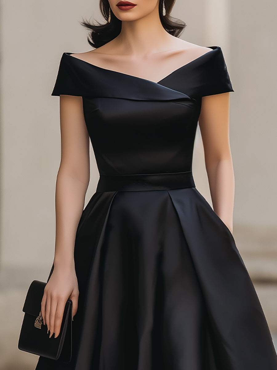 Black Off-Shoulder Satin Fit-and-Flare Midi Dress With Pockets
