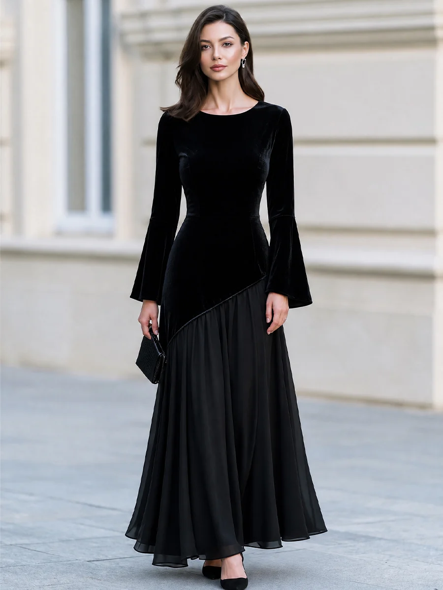 Black Velvet Bell Sleeve Chiffon Asymmetric Hem Maxi Evening Dress
