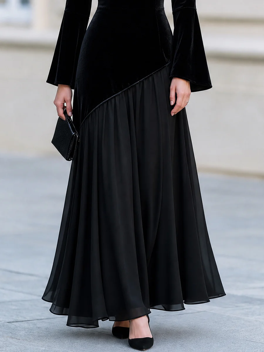 Black Velvet Bell Sleeve Chiffon Asymmetric Hem Maxi Evening Dress