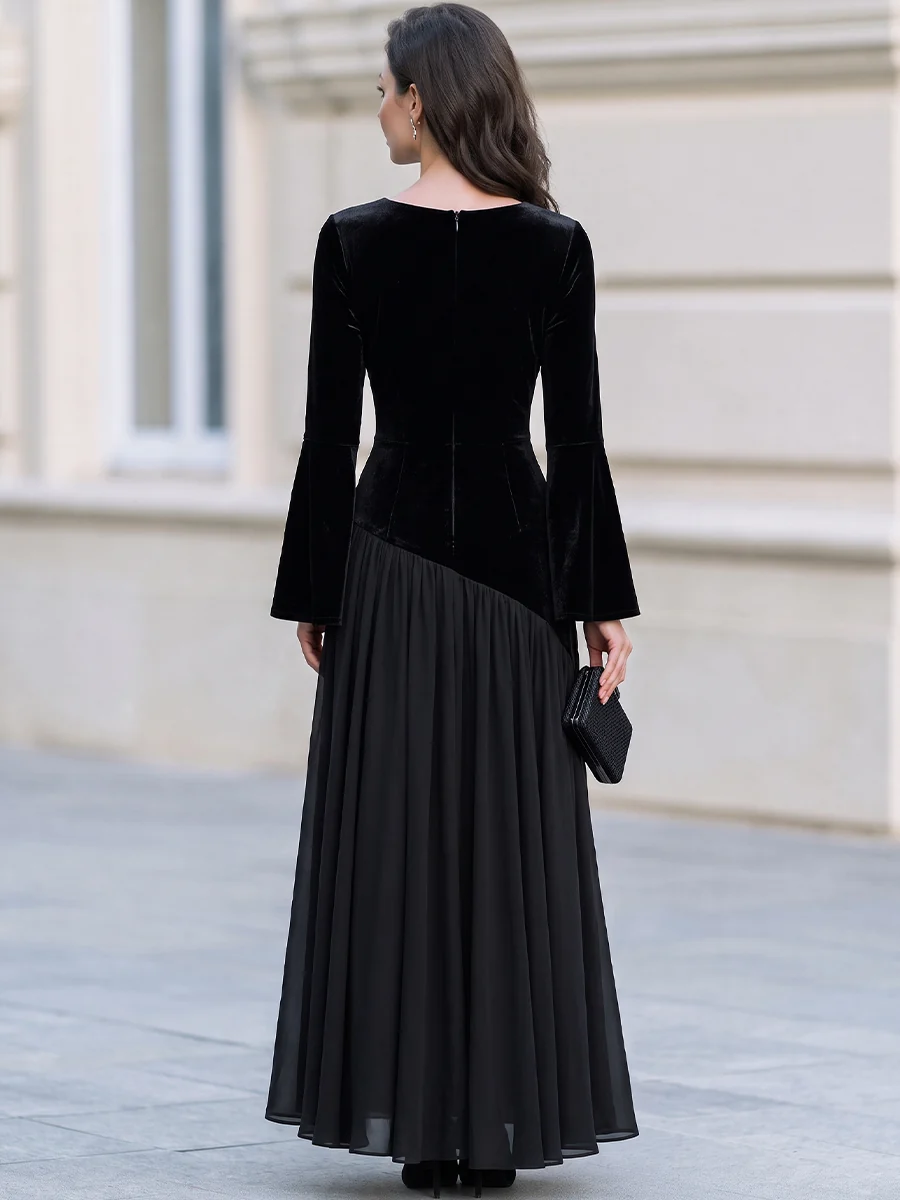Black Velvet Bell Sleeve Chiffon Asymmetric Hem Maxi Evening Dress