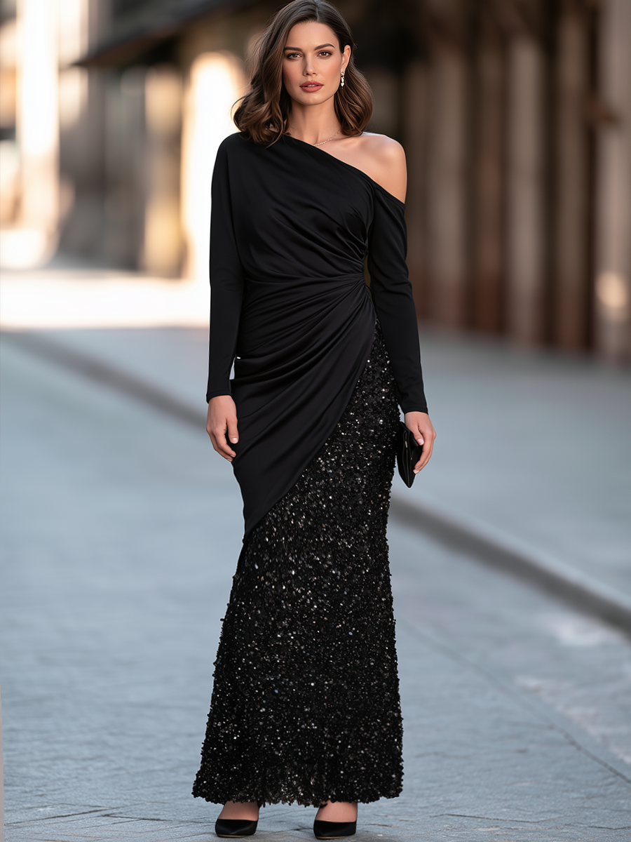 Asymmetric Draped Sequin Maxi Dress
