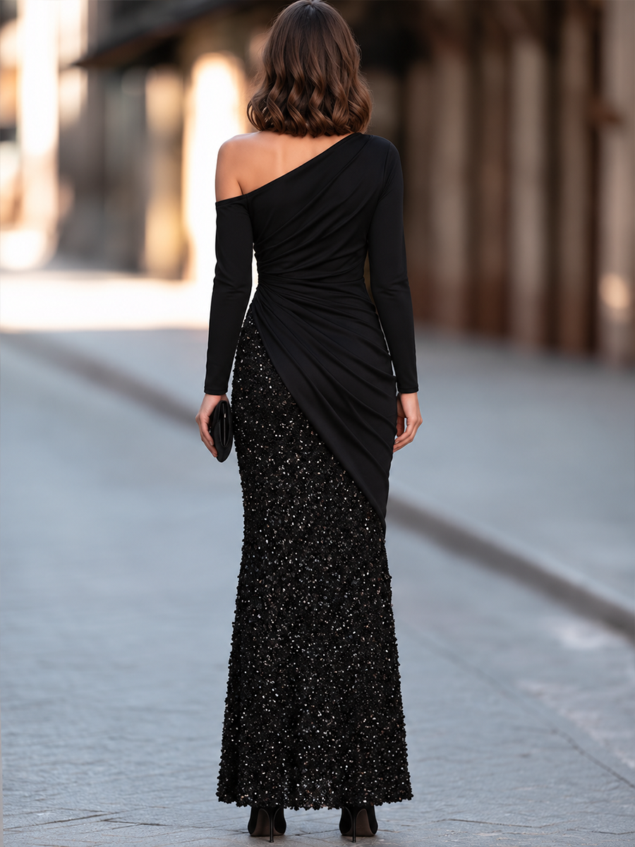 Asymmetric Draped Sequin Maxi Dress